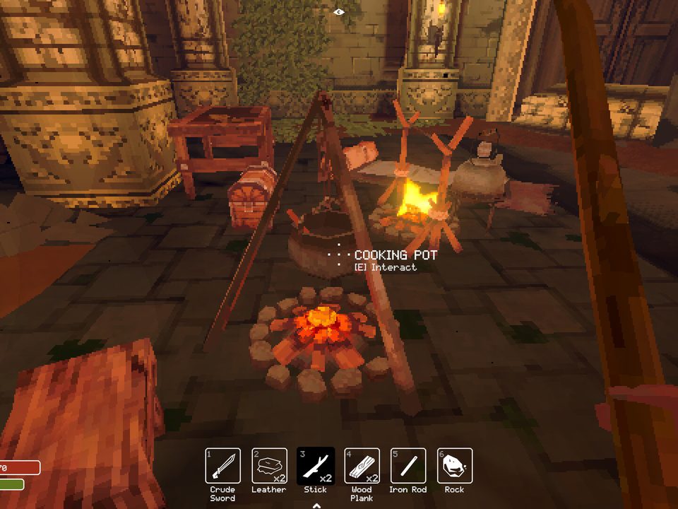 Cooking pot on the campfire in Deep Dish Dungeon
